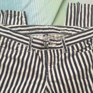 Navy blue and white striped jeans